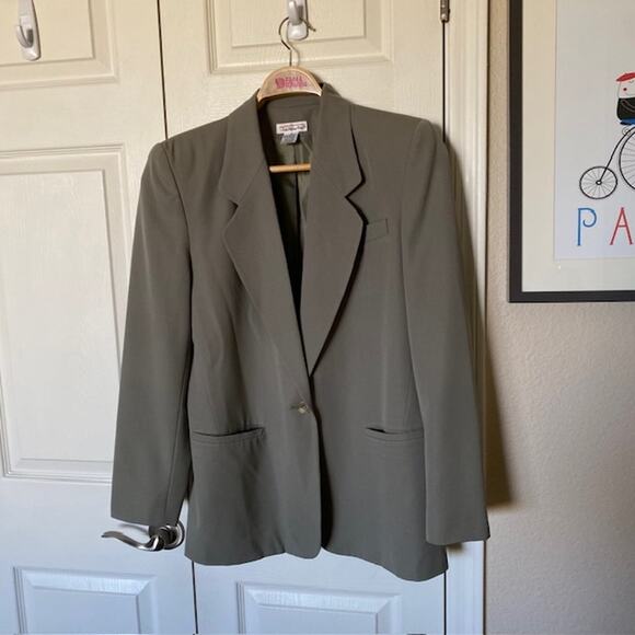 Talbots Blazer 1980s Khaki Green 100% Wool Pockets Shoulder Pads Women’s 8 - Picture 1 of 13